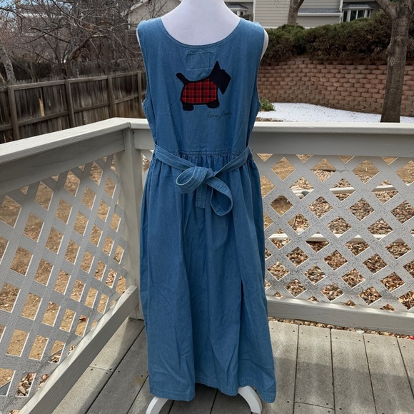 Vintage 90s Denim Maxi Jumper Patio Dress Women S Scottie Dogs Mrs Roper Romp - Picture 5 of 12
